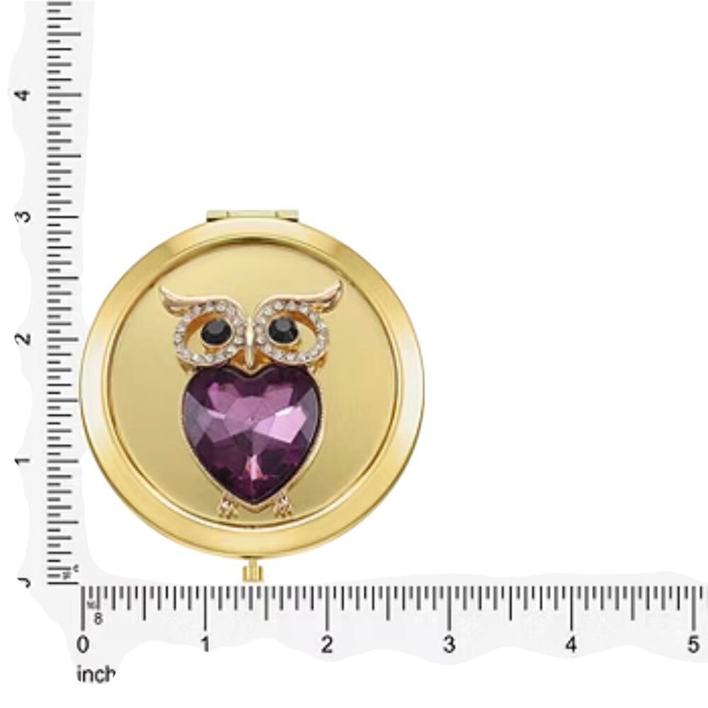 MONET Owl Compact Mirror Gold Tone Rhinestone Purple Crystal Figural New in Box - Picture 7 of 8
